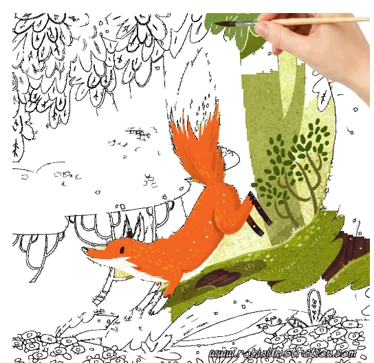 A fox illustration part-way through the colour stage, with the hand and brush in shot